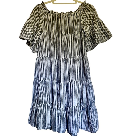 Max Studio Cotton Linen Flutter Sleeve Tiered Babydoll Dress Gray Stripe Medium - Picture 1 of 10